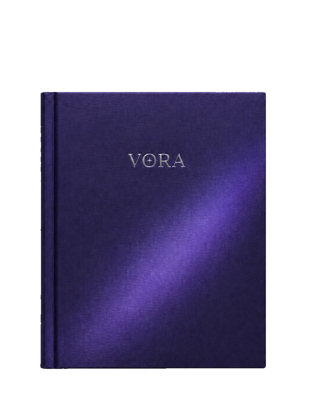 A slim midnight-violet VORA Diary with woven cloth and silver holographic foil.